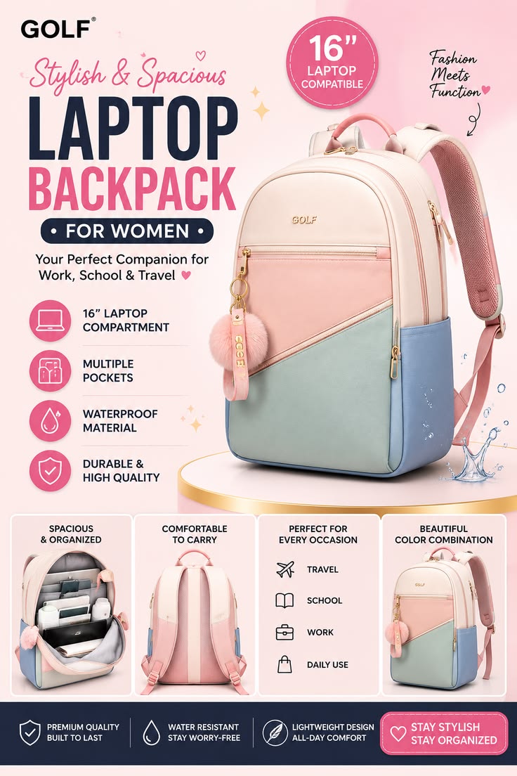 Stylish Waterproof Laptop Backpack for Women | 16-Inch Multi-Pocket Bag